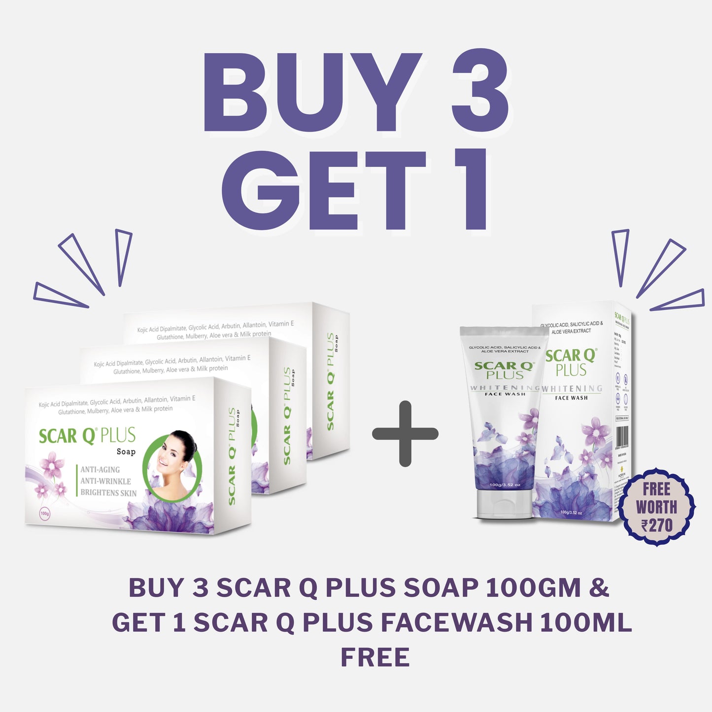 Scar Q Plus Soap 100g X 3pcs & Get Face wash 100g Free