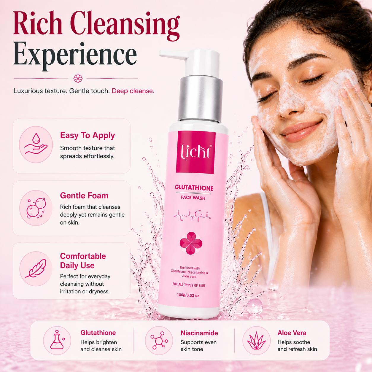 Licht Glutathione Face Wash with Niacinamide & Aloe Vera